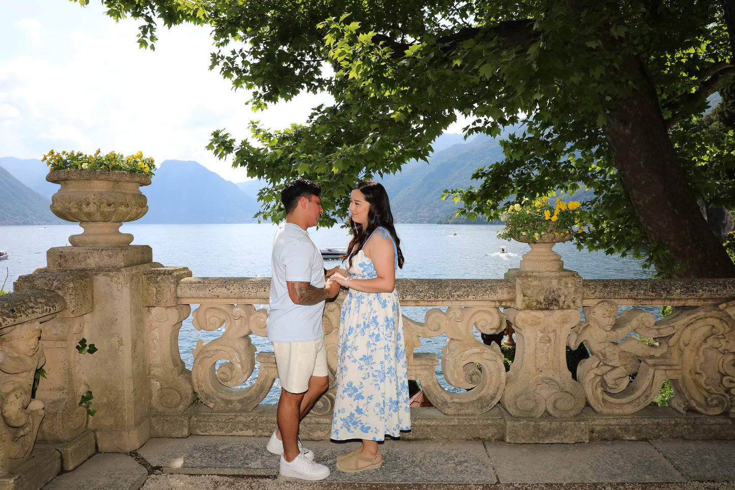 Romantic proposal on the terrace of Villa del Balbianello overlooking Lake Como