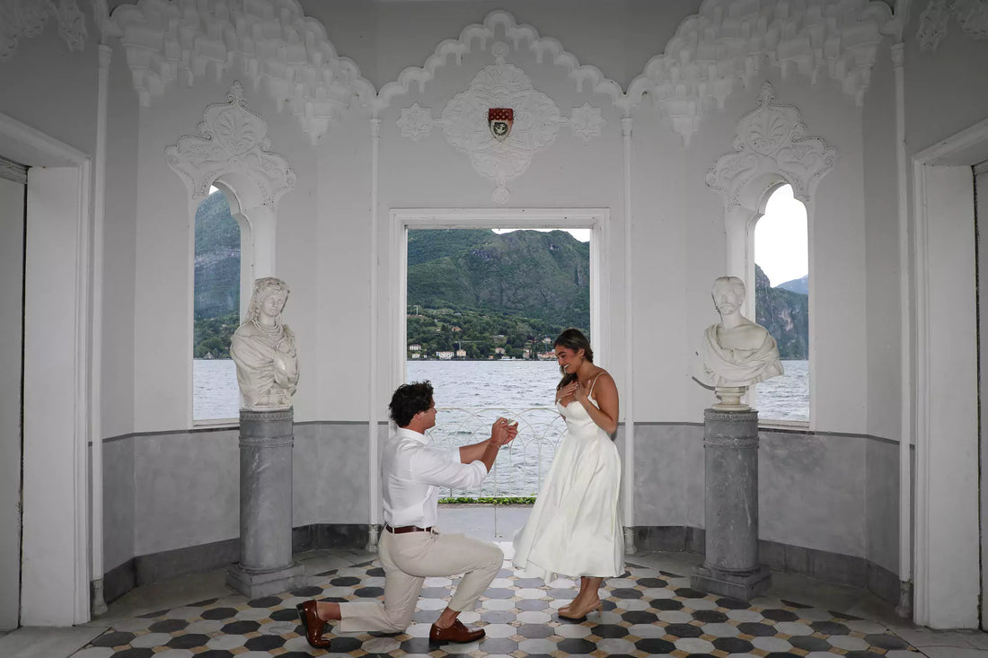 Romantic Lake Como proposal photographed by Nadia Fraqair – styled package with flowers, dress, and golden hour lake views