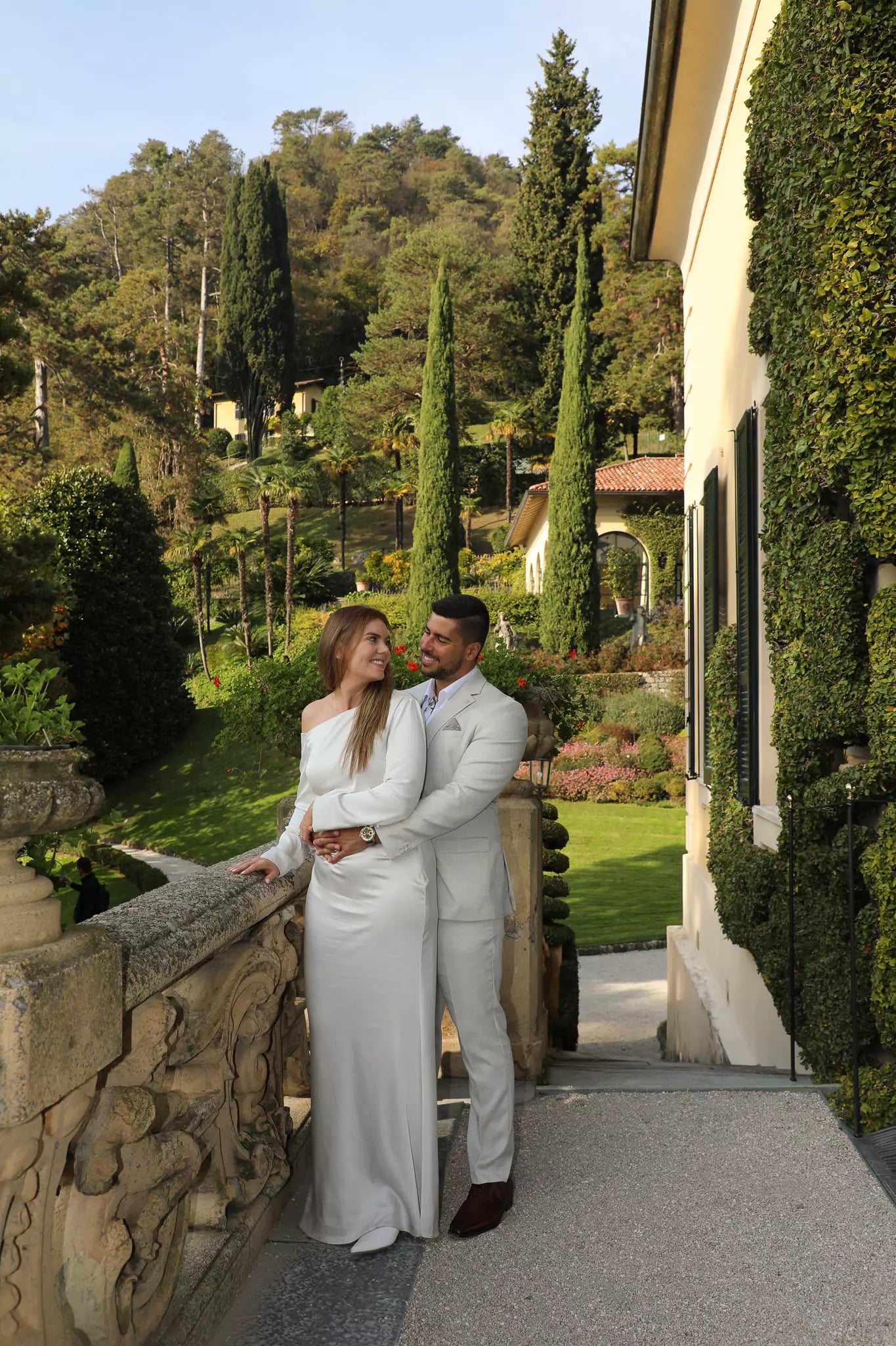 Slow-motion dress movement in cinematic Lake Como proposal video