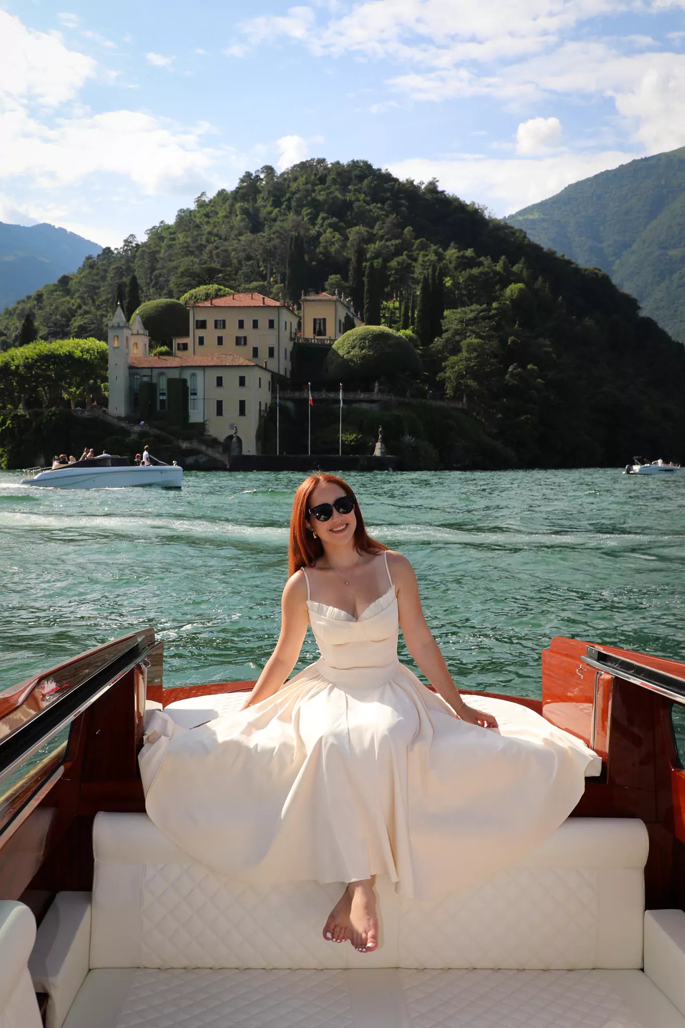 Feminine designer dress included in luxury Lake Como proposal photography package