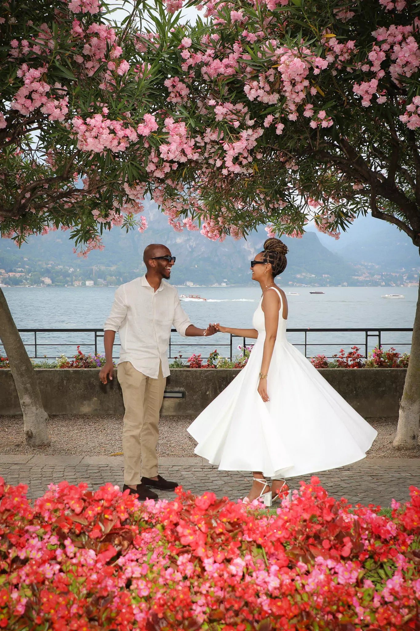 Lake Como proposal package with professional photography, dress styling, bouquet, and shoes