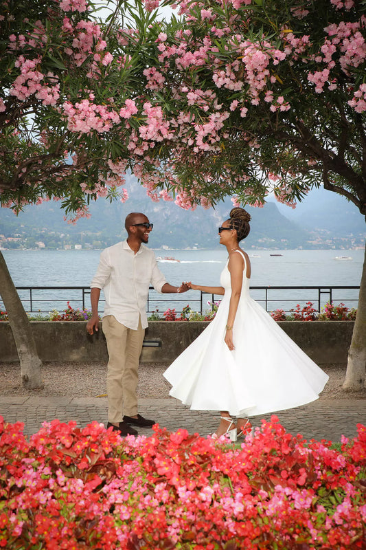 Lake Como proposal package with professional photography, dress styling, bouquet, and shoes