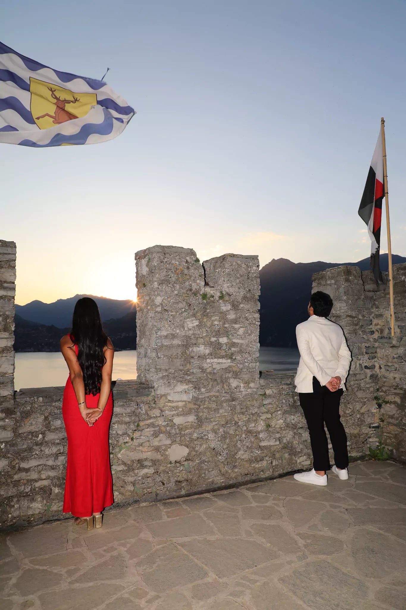 Cinematic Lake Como engagement photo from Castello di Vezio’s tower