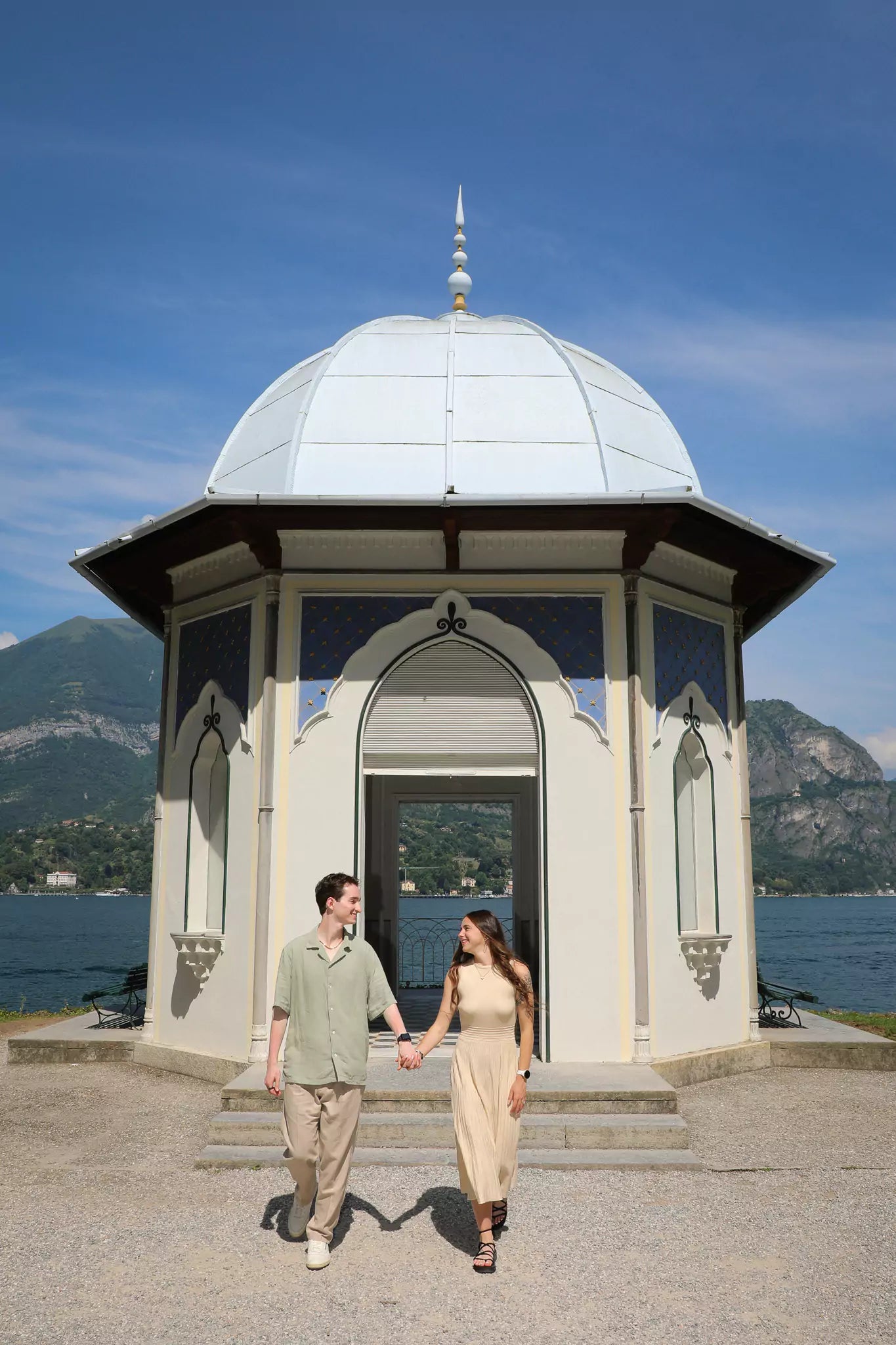 Emotional marriage proposal under the gazebo at Villa Melzi Gardens with Lake Como views